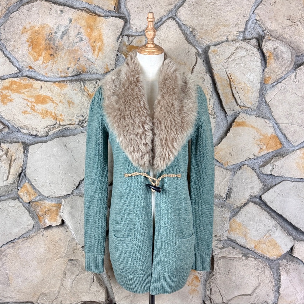 Ralph Lauren Blue Label Shearling Collar Hand Knit Cardigan Duck Egg Blue | S